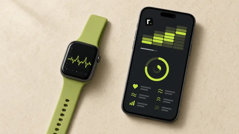An unbranded smartwatch showing a heart rate graph beside a phone displaying sleep and health data
