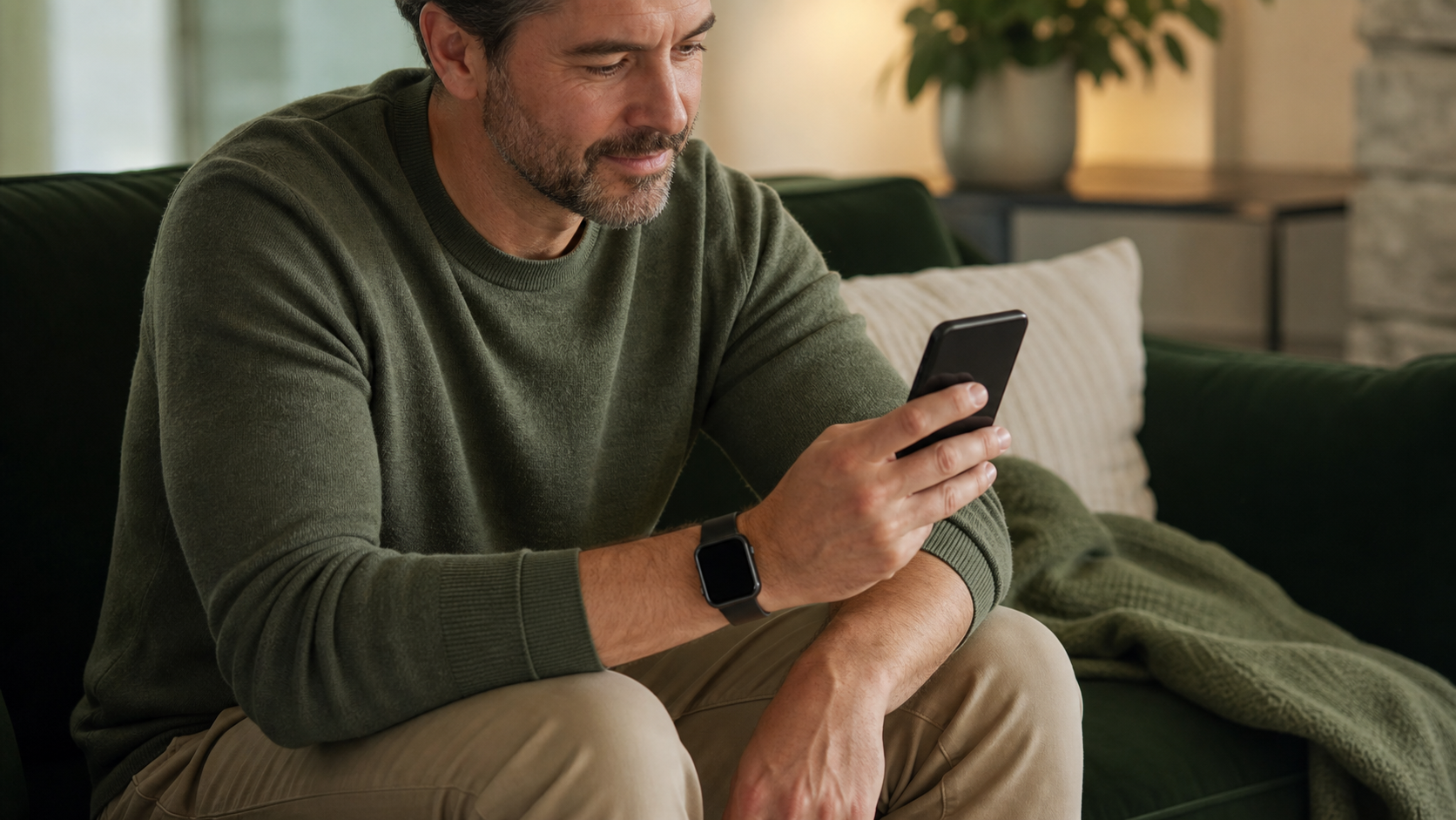 A participant wearing an Apple Watch while looking at their phone at home