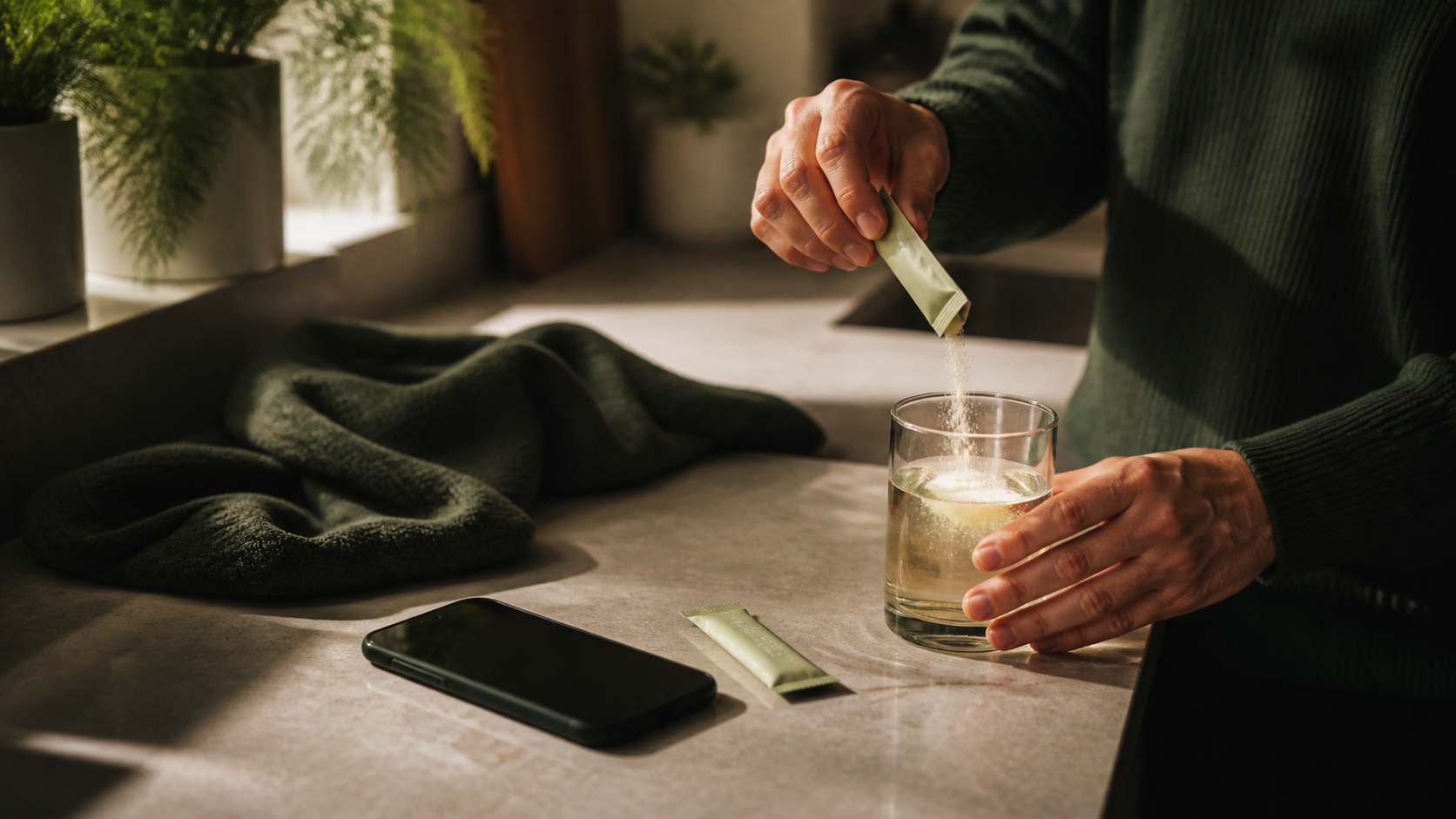 A participant preparing an unbranded wellness powder in a glass of water at home