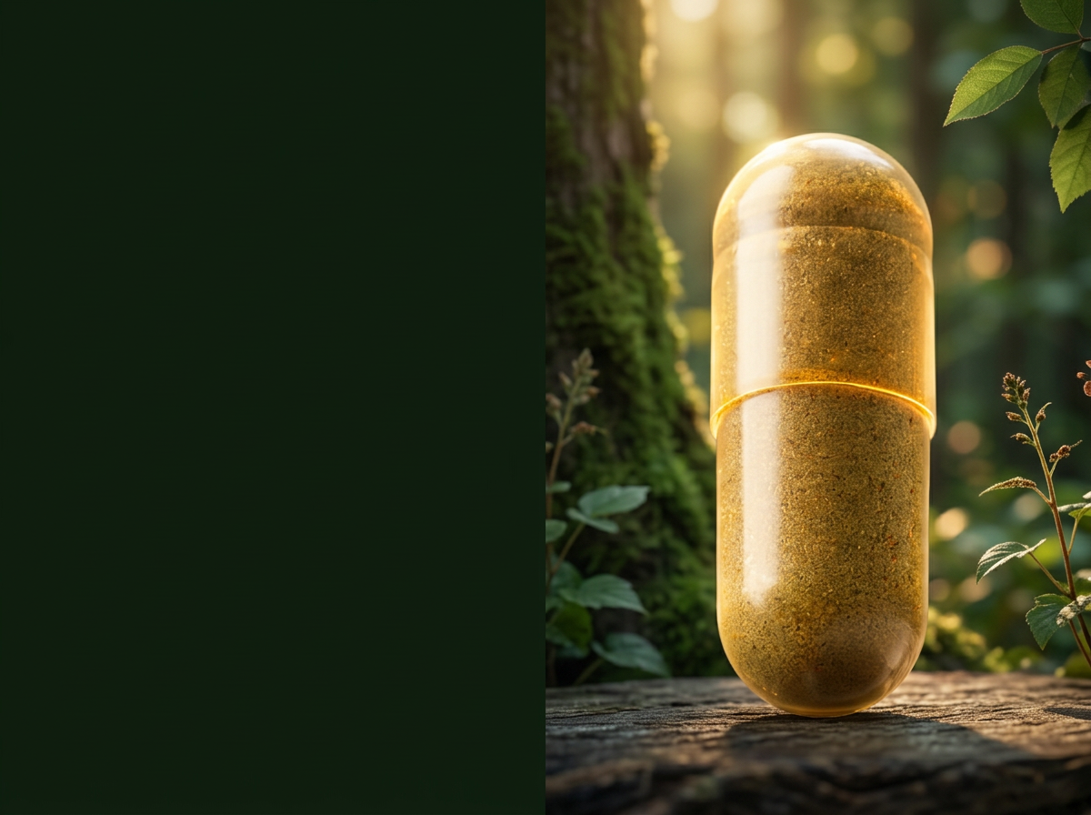 A translucent golden capsule filled with botanical powder