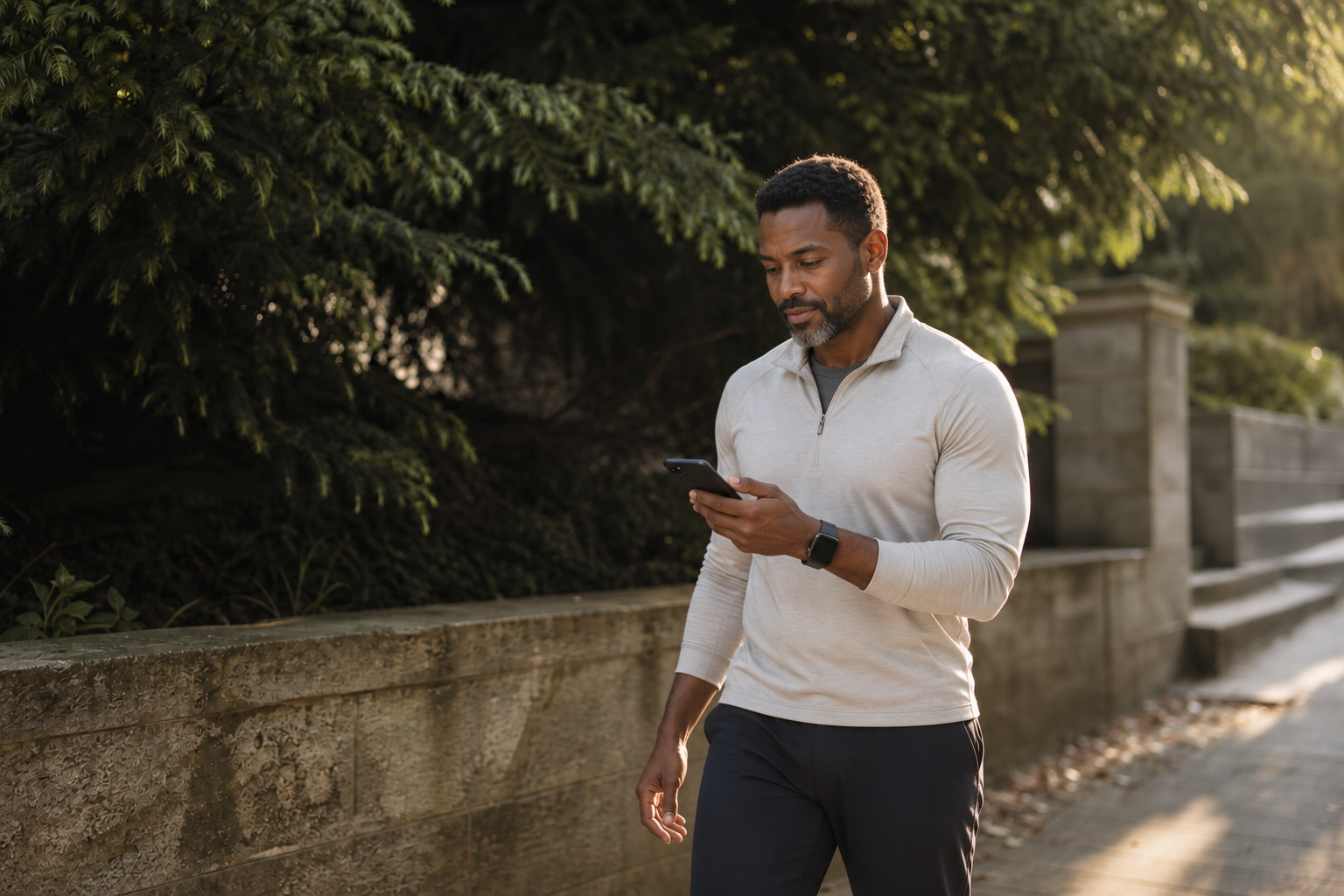 Black male participant wearing a smartwatch while reviewing a study check-in on a phone outdoors