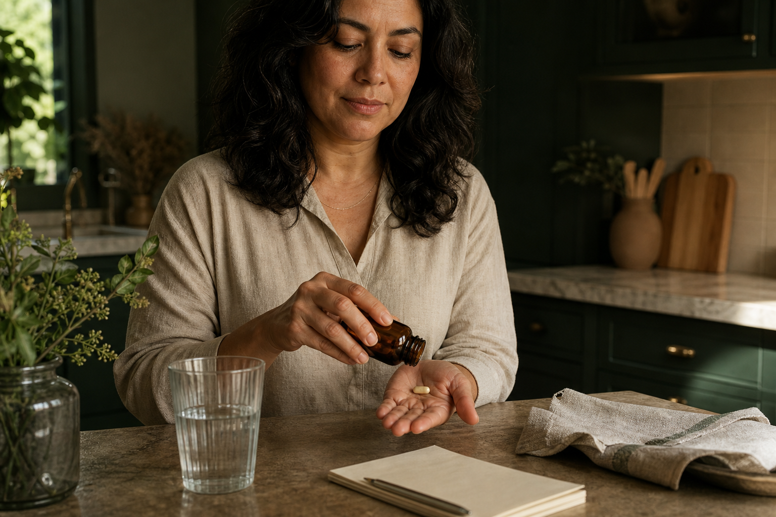 Latina participant preparing an unbranded supplement as part of an at-home study routine
