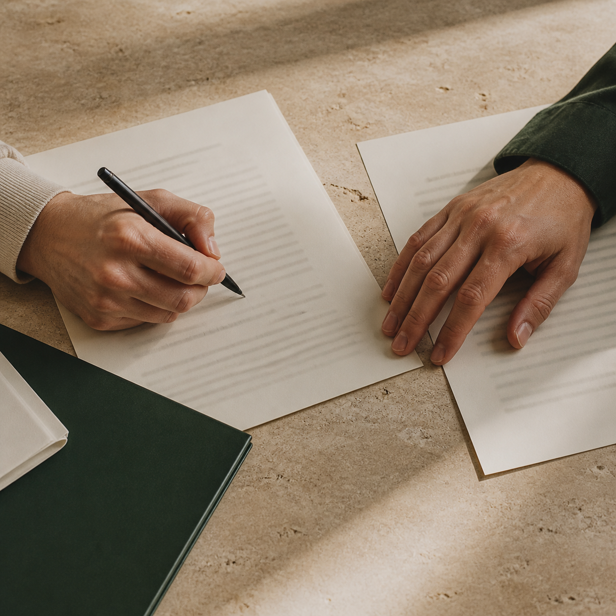 Two people reviewing research papers together at a naturally lit table