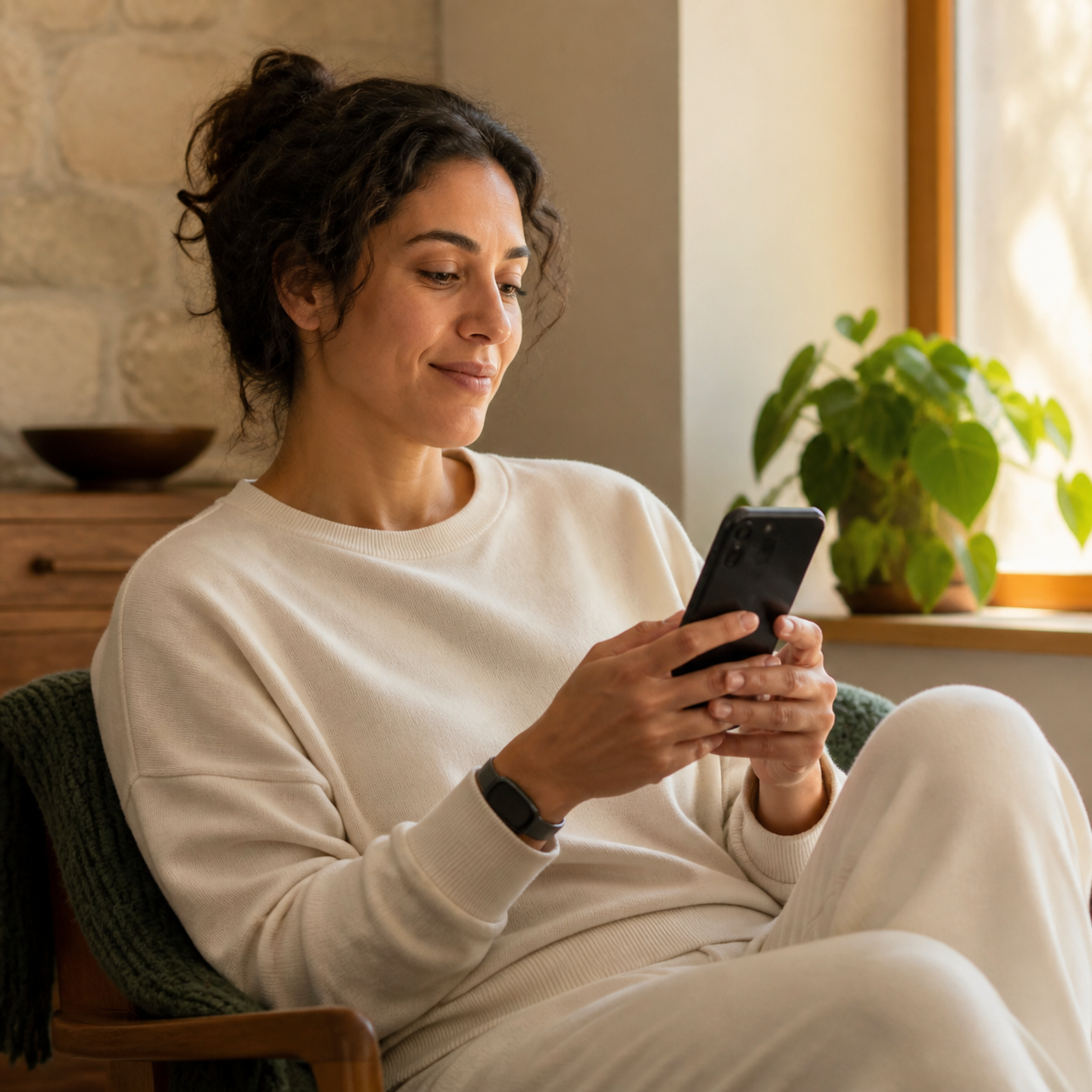 A person at home looking at an unbranded phone with a wearable visible at the wrist