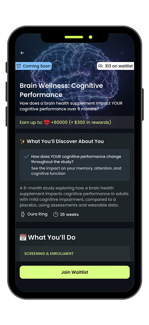 Reputable app showing a Brain Wellness cognitive performance study