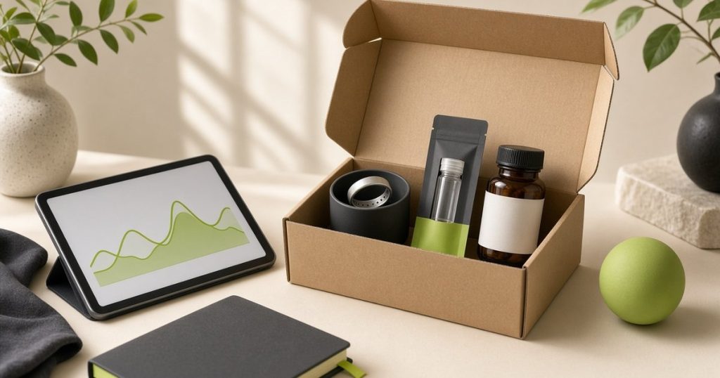 An at-home research kit with a wearable ring, sample kit, supplement bottle and a tablet chart
