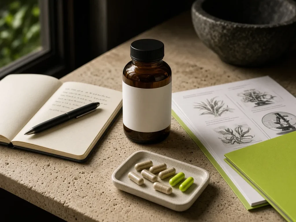 Amber supplement bottle beside an open notebook, a capsule tray with lime capsules and a plant research printout, illustrating evidence for structure/function claims